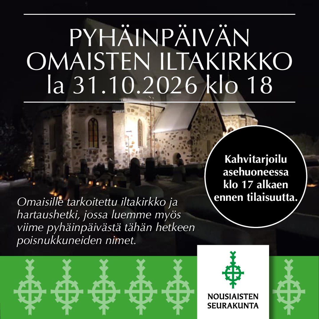 Kuvassa Nousiaisten kirkko ja hautausmaata, jossa palaa haudoilla kynttilöitä.