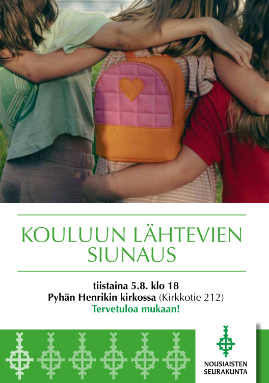 Kouluun lähtevien siunaaminen Mainos, jossa koulureppu sydämellä, mainoksessa tämän tiedotteen tiedot.