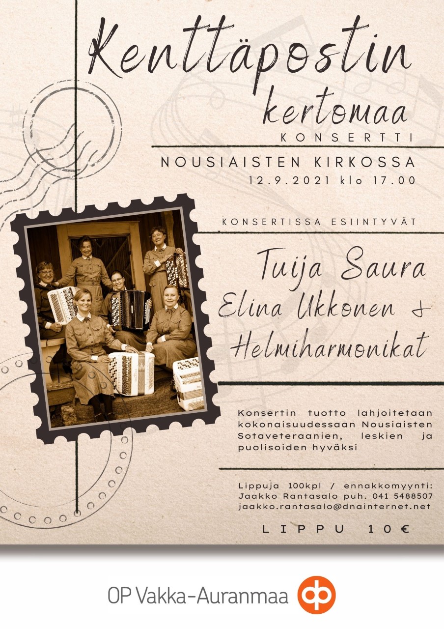 Kenttäpostin kertomaa -konsertti Kuva tapahtuman esitteestä. Kuvassa kenttäpostikirje, jossa on postimerkkinä Lotta-pukuihin sonnustautuneita harmonikansoittajia.